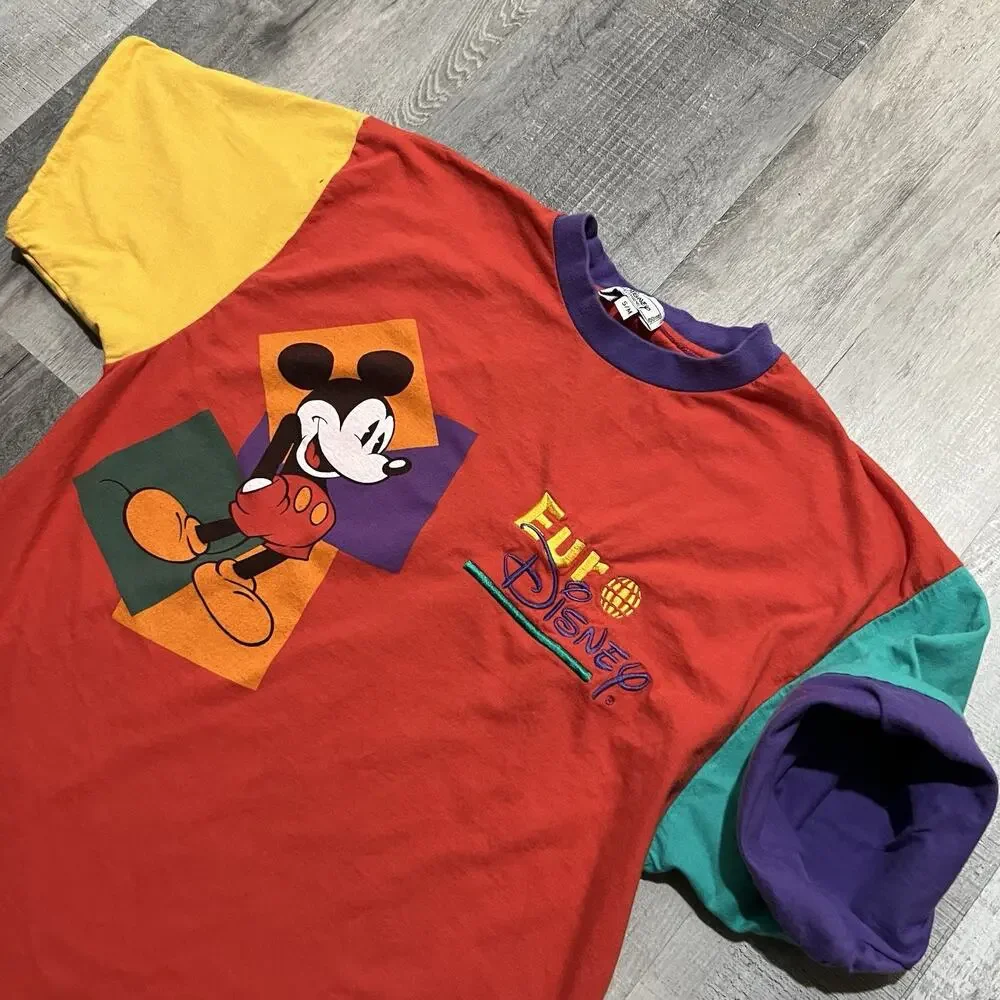 Vintage Euro Disney T Shirt Adult M Mickey Mouse 80s Color Block Cartoon - Picture 3 of 4